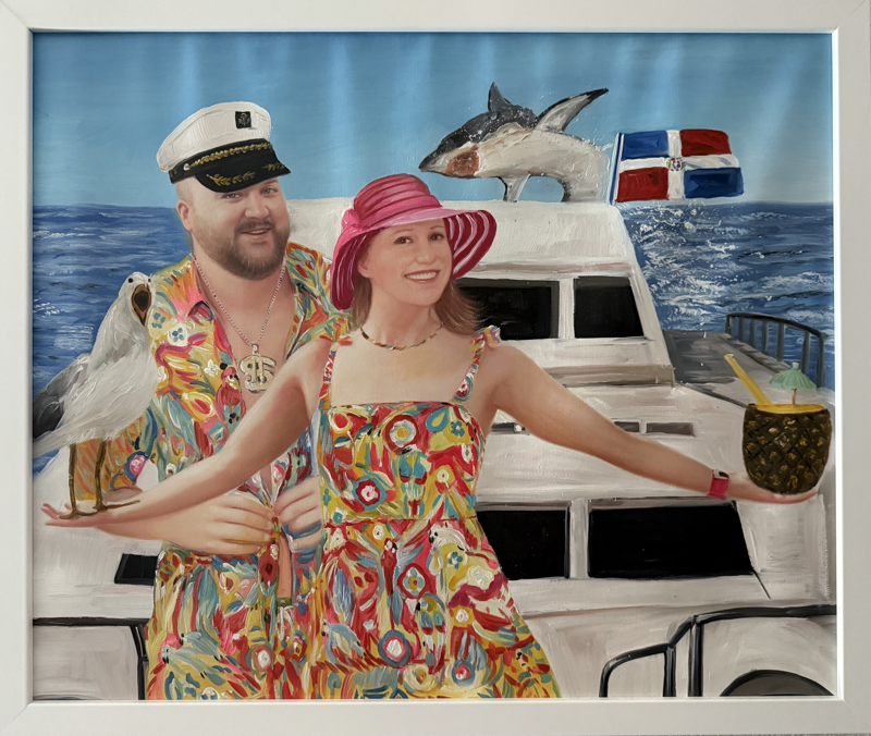 The painting I had commissioned of us on a boat. We also wore this for our first class flights.