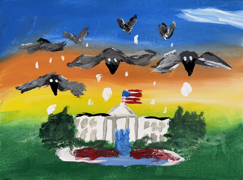 A painting of a flock of birds pooping on the White House