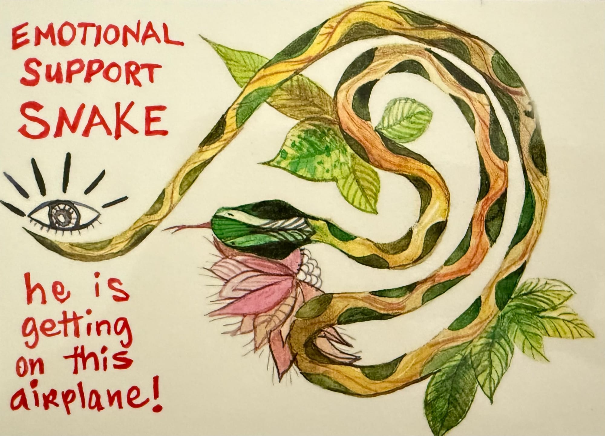 Photo of a snake that says "emotional support snake. he is getting on this airplane!