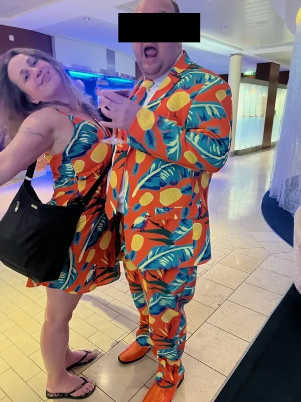 Image of us, wearing matching pineapple outfits.