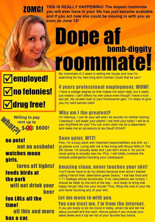 Image of the roommate ad I posted to craigslist.